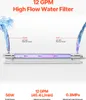 Diagram of a high-flow water filter with inlet and outlet ports, showing water flow and UV light. Náhled obrázku produktu