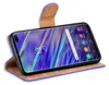 A smartphone in a blue and brown flip case, displayed at an angle against a white background. Produktbild-Vorschau