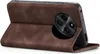 A brown flip cover case for a smartphone is shown standing upright. Produktbild-Vorschau