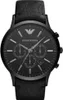 A close-up, front-facing studio shot of a black Emporio Armani chronograph watch with a black leather strap. Produktbild-Vorschau