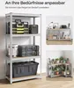 A collage of images showing a metal shelving unit with various items stored on it, and two smaller shelf units displaying plants and office supplies. Produktbild-Vorschau