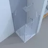 A 3D rendering of a modern corner shower cabin with glass doors and silver fixtures, set against a light gray wall and a light wood-effect floor. Produktbild-Vorschau