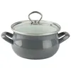 A gray enamel pot with a glass lid and silver handles is shown against a white background. Podgląd zdjęcia produktu