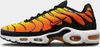 A side view of a Nike Air Max Plus TN sneaker with a sunset orange and yellow gradient. Voir les images du produit