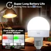 A close-up of a rechargeable LED light bulb with text overlays highlighting its features. Produktbild-Vorschau