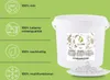 A white bucket of citric acid powder is shown next to a plate with some powder. The left side of the image features icons and text highlighting product qualities. Produktbild-Vorschau