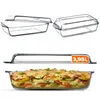 A glass baking dish with a meal inside, and two empty glass baking dishes with lids. Náhled obrázku produktu