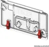 A clear, studio shot of a transparent plastic cistern lid with red clips. Produktbild-Vorschau