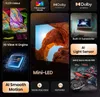 A collage of images and text highlighting various features of a television, including its display technology, AI capabilities, sound features, and gaming performance. Voir les images du produit