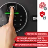 A finger is pressing a button on a digital keypad with a fingerprint scanner, with promotional text and icons on the right. Produktbild-Vorschau