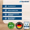 Marketing image with feature callouts and certifications for a flooring product. Produktbild-Vorschau