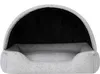 A light gray dog bed with a hooded top, shown from the front against a white background. Produktbild-Vorschau