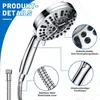A product image showing a chrome shower head with various features highlighted by callout circles and text. Produktbild-Vorschau
