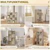 Collage of four images showing a modular shelving unit used in different rooms: living room, bedroom, home office, and children's room. Produktbild-Vorschau