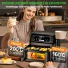 A woman is holding a drink and smiling at a table where a dual-chamber air fryer is cooking food. Text overlays describe cooking settings. Produktbild-Vorschau