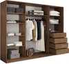 An open wardrobe with clothes hanging and folded on shelves, and drawers. Produktbild-Vorschau
