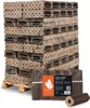 A large stack of firewood briquettes on a pallet, with a single briquette and a package in the foreground. Produktbild-Vorschau