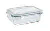 A clear glass food storage container with a clear lid and gray seal. Produktbild-Vorschau