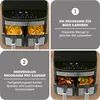 A collage showing a dual-chamber air fryer with different food items in each chamber, accompanied by text explaining its features. Produktbild-Vorschau