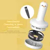 An exploded view of a cute chick-shaped mini vacuum cleaner, with text highlighting its detachable cleaning feature. Produktbild-Vorschau