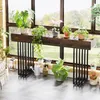 A narrow console table with a wooden top and black metal legs, adorned with various potted plants, placed in front of a large window with a view of greenery. Watering cans and spray bottles are on the floor below. Náhľad obrázku produktu