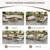 Four different arrangements of a modular outdoor furniture set, each labeled with a number and a German phrase suggesting a use case. Produktbild-Vorschau