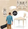 An illustration showing the step-by-step setup of a pop-up gazebo, with a person carrying a bag. Produktbild-Vorschau
