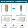 An instructional diagram showing the foam expansion process of a sofa bed after unboxing. Produktbild-Vorschau