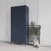 A tall, dark blue cabinet with two doors stands on a light gray floor, against a white paneled wall. A potted plant with delicate branches is placed next to the cabinet, behind a framed piece of art with a black and white graphic pattern. Two books are sta Náhľad obrázku produktu