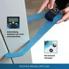 A person is holding a blue digital protractor, with close-up insets showing details of the device and its features. Produktbild-Vorschau