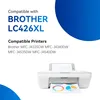A graphic with text about compatible printers and a printer with a printed chart. Produktbild-Vorschau