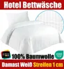 A white hotel bed linen set with a close-up view of the fabric texture and text overlays. Produktbild-Vorschau