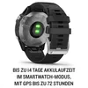 The back of a smartwatch with the heart rate sensor illuminated, and text describing battery life. Produktbild-Vorschau