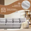 A light gray sofa with decorative pillows and a throw blanket, presented with marketing text and graphics. Produktbild-Vorschau