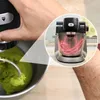A close-up of a person's hand operating a kitchen mixer, with an inset showing the mixer in action with a red graphic indicating movement. Produktbild-Vorschau