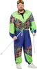 A man wearing an 80s-style ski suit and goggles, holding ski poles. Produktbild-Vorschau