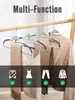 A collage showing multi-functional hangers used to hang clothes, scarves, dresses, and pants, with icons and checkmarks indicating their versatility. Produktbild-Vorschau