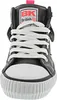 A front view of a black high-top sneaker with white laces and a white sole. Voir les images du produit