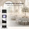 A product shot of an air freshener can in front of a blurred background of a formal event setting with tables and chairs. Produktbild-Vorschau
