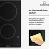 A split image showing a black ceramic cooktop on the left and a hand cleaning it with a yellow cloth on the right, with text overlays. Produktbild-Vorschau