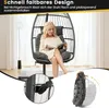 A woman is sitting in a hanging egg chair reading a book. A smaller inset image shows the chair folded for storage. Podgląd zdjęcia produktu