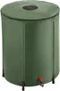 A green rain barrel with a mesh opening on top and a spigot at the bottom, standing on four legs. Produktbild-Vorschau