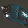 Close-up of the front of a teal and black power drill with a silver bit and a bright LED light illuminating the area. Podgląd zdjęcia produktu