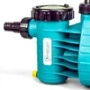 A close-up studio shot of a teal pool pump filter with a black lid and a yellow drain valve. Produktbild-Vorschau
