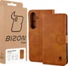 A product shot of a brown leather phone case and its packaging. Produktbild-Vorschau