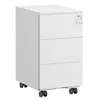 A white, three-drawer filing cabinet on wheels, with a key in the top drawer lock. Produktbild-Vorschau