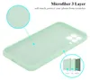 A light green phone case is shown from a diagonal angle, with close-up insets highlighting its microfiber lining and 3-layer construction. Produktbild-Vorschau