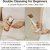 A split image showing two steps of a double cleansing routine for skincare. Voir les images du produit