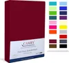 A product shot of a burgundy fitted sheet box, with a color swatch chart on the right. Produktbild-Vorschau