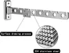A silver metal wall-mounted drying rack with several circular holes and a hook at the end. A close-up inset shows a stack of shiny metal rods, labeled as '304 stainless steel.' Another inset shows the texture of the drying rack with the label 'Surface draw Produktbild-Vorschau
